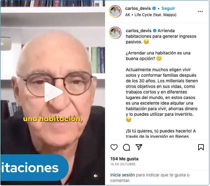 captura de post de instagram de Carlos Devis, sobre arrendar habitaciones. En blog de lo mejor de octubre