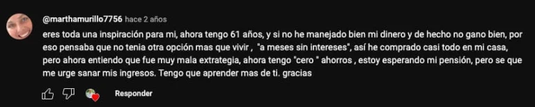 pantallazo de un comentario positivo en un vide de youtube sobre como comprar propiedades de inversión en bienes raíces de Carlos Devis.